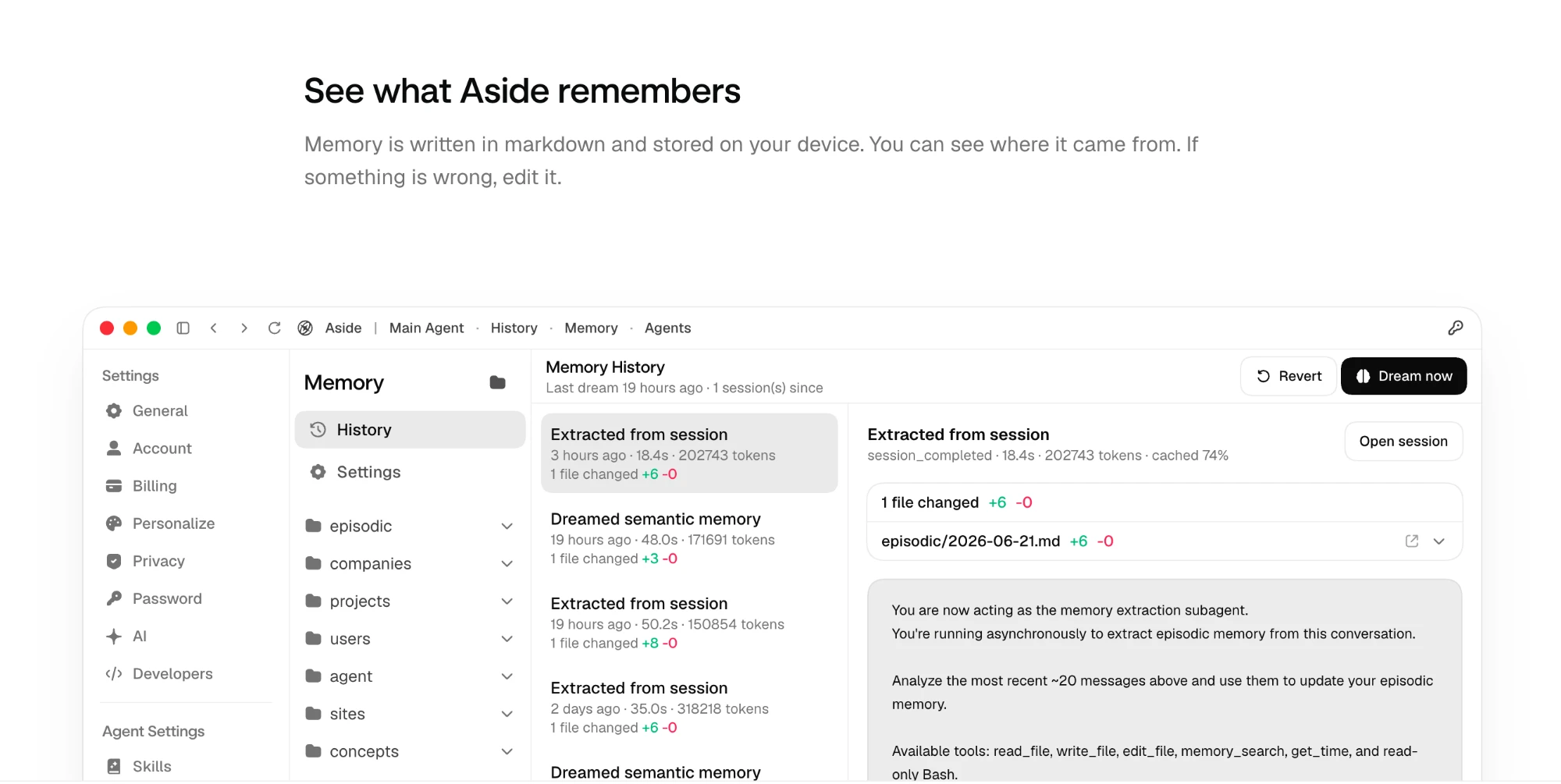 Aside’s Memory History screen, under the heading “See what Aside remembers”: memory is written in markdown and stored on device. A list of memory updates extracted from sessions (each with its time, duration, token count and files changed) sits beside the selected update’s diff to episodic/2026-06-21.md and the memory extraction subagent’s prompt.